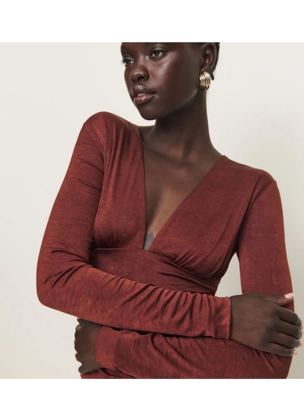 Reformation Ines V-Neck Long Sleeve Top in Deep Red